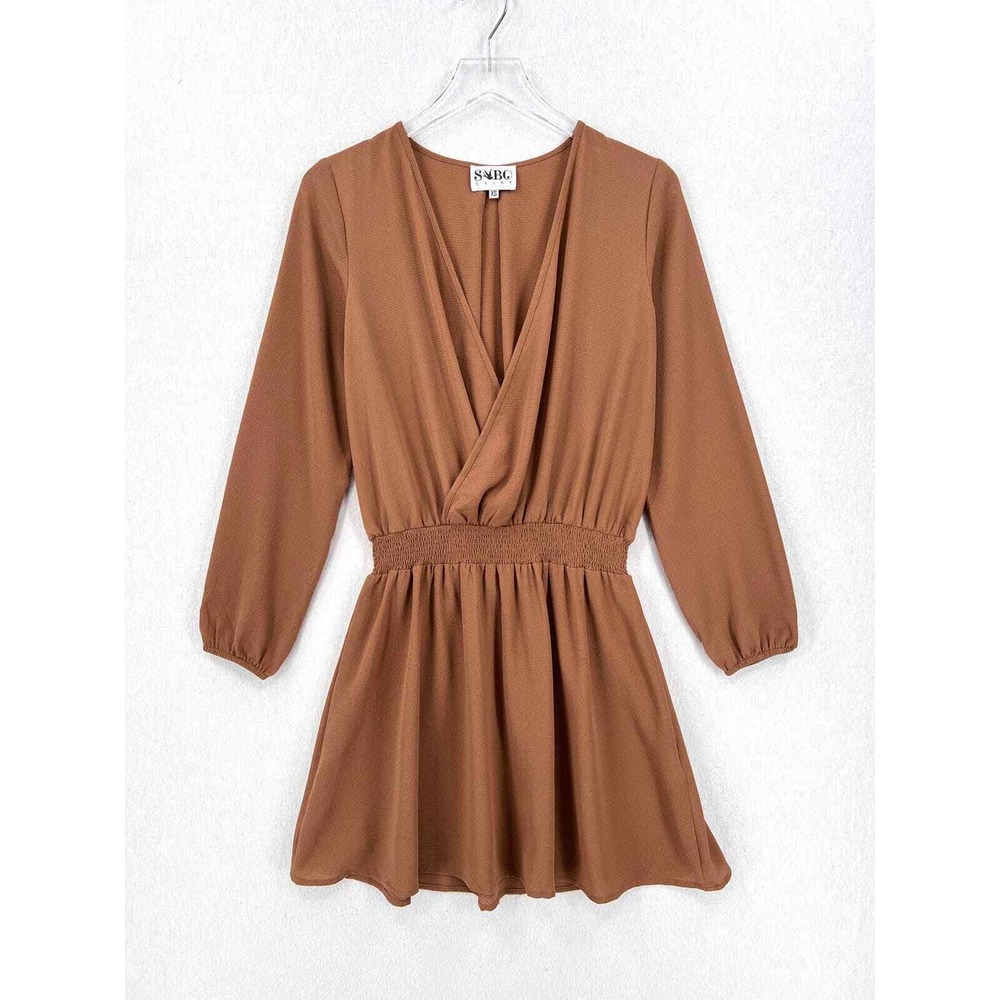 SABO SKIRT Mini Dress Women XS Brown Wrap Long Sleeve Smocked Waist Pull on - Picture 2 of 16